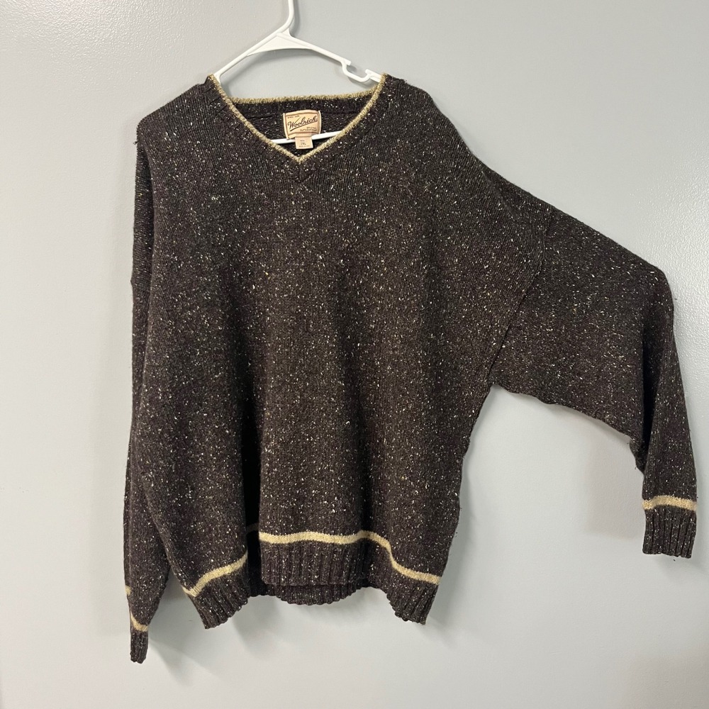 Woolrich Vintage Mens 2XL V-Neck Donegal Tweed Wool Blend Sweater Brown USA Made
